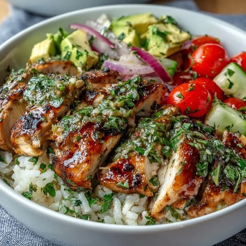 Golden grilled chimichurri chicken slices rest on fluffy rice with diced cucumber, cherry tomatoes, and creamy avocado slices.