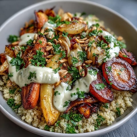 Roasted Root Vegetable Bowl with golden caramelized carrots, beets, and parsnips served over quinoa and drizzled with creamy tahini sauce.  