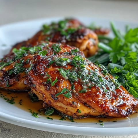 Honey mustard chicken with green beans, golden and glazed, served with crisp-tender green beans and fresh lemon zest.