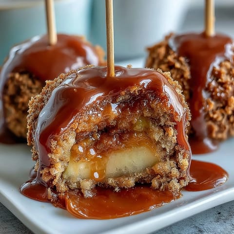 Bite-sized candy apples on toothpicks, glossy red coating glistening over crisp apple chunks.