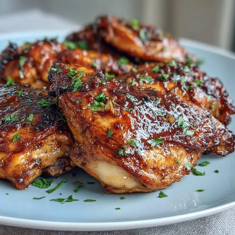 Sticky-sweet honey garlic chicken thighs, oven-baked until caramelized, served with fresh parsley and sesame seeds.  