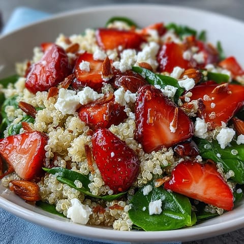 A vibrant strawberry feta quinoa salad with fresh spinach, creamy cheese, and balsamic dressing for a light, healthy meal.  