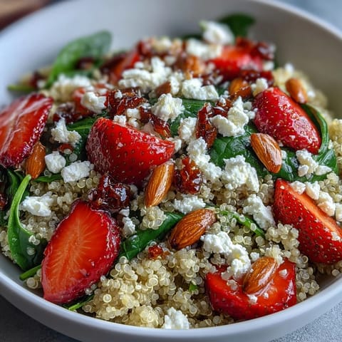 Colorful spring salad featuring sweet strawberries, nutty quinoa, tangy feta, and crisp spinach tossed in a honey-balsamic vinaigrette.  