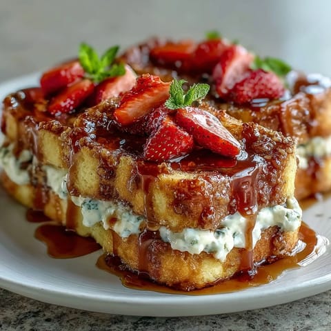 Spring Brunch Strawberry French Toast Bake with fresh strawberries and golden custard topping.