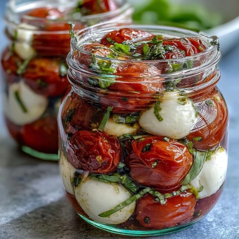 Layered Mason Jar Caprese Salad with cherry tomatoes, mozzarella, and basil, drizzled in balsamic olive oil dressing.