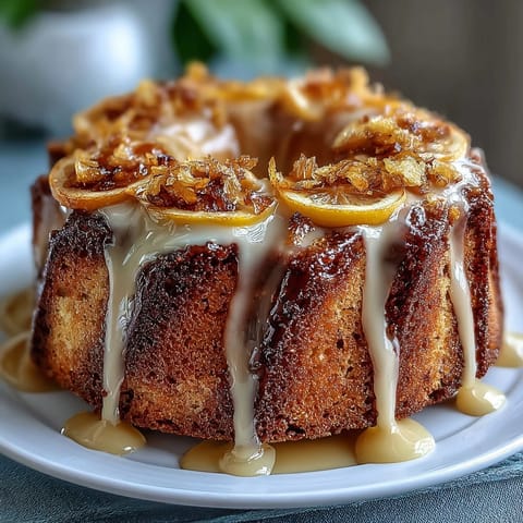 Moist dandelion honey cake with lemon glaze, golden and fragrant, topped with a bright citrus drizzle for spring dessert tables.