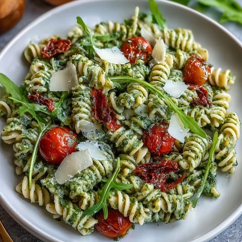 Summer Pasta Salad with Pesto and Cherry Tomatoes, tossed with al dente pasta and fresh basil pesto, topped with juicy cherry tomatoes and parmesan.