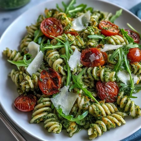 A colorful pasta salad with homemade pesto, cherry tomatoes, and arugula, garnished with lemon zest and parmesan shavings for a refreshing summer dish.