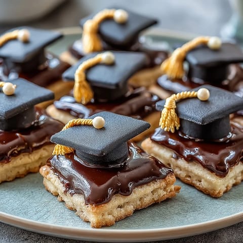Graduation cap cookies decorated with black royal icing and yellow tassel details for a festive dessert.  