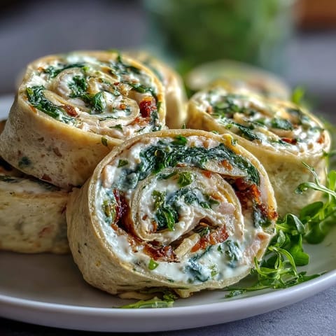 Turkey, Cheese & Spinach Tortilla Pinwheels with creamy cheese spread, fresh spinach, and sliced turkey rolled in soft flour tortillas.