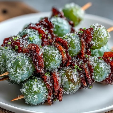 Frozen grape skewers coated in zesty lime sugar, a refreshing summer snack perfect for hot days.  