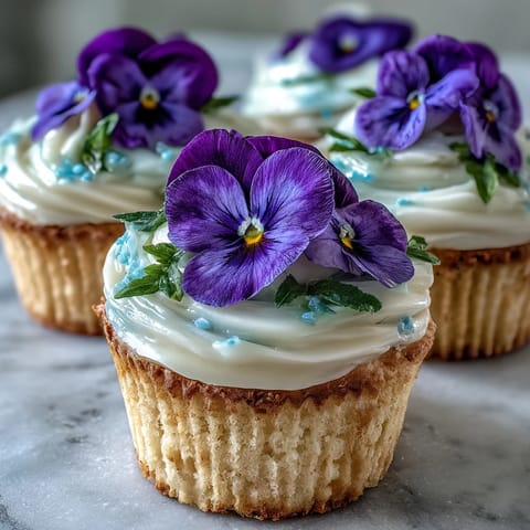 Delicate vanilla cupcakes topped with creamy buttercream and edible spring flowers for a festive dessert.