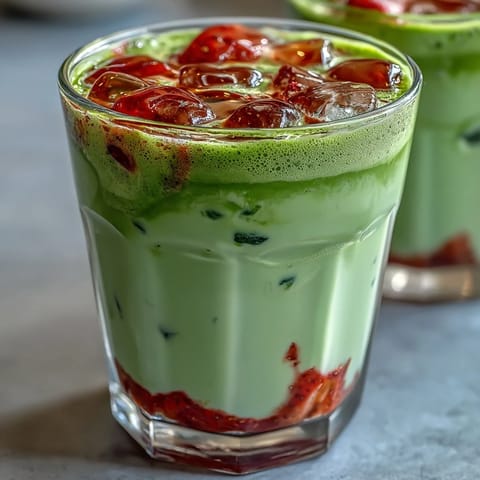 Vibrant layered strawberry matcha latte with creamy oat milk and fresh strawberry puree, perfect for a refreshing vegan summer drink.