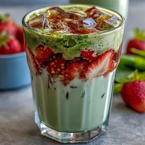 Beautiful two-tone strawberry matcha latte featuring bright red strawberry layer and earthy green matcha, served over ice for a cooling treat.