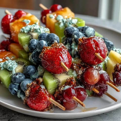 Colorful fruit skewers arranged in a rainbow pattern, served with a creamy honey-yogurt dip for a refreshing treat.
