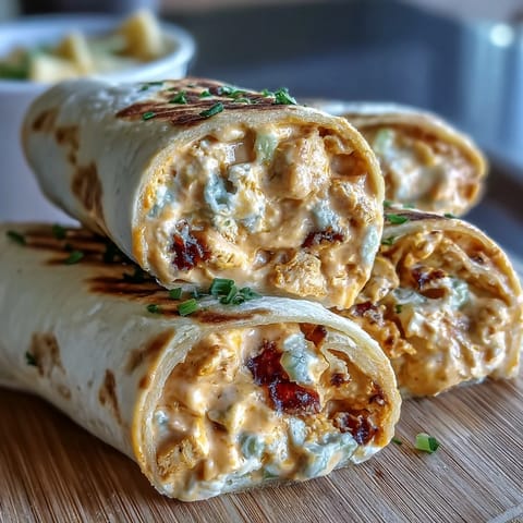 Creamy Buffalo chicken filling with cheddar and blue cheese, rolled in soft tortillas, sliced into bite-sized pinwheels for easy snacking.