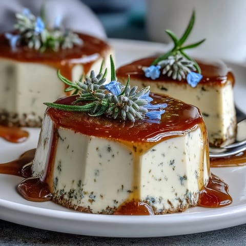 Silky honey lavender panna cotta with delicate floral notes, served in a glass and topped with fresh berries and a honey drizzle.