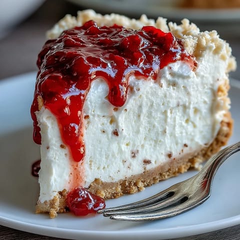 Silky no-bake cheesecake with raspberry coulis, perfect for Mother's Day dessert celebrations.