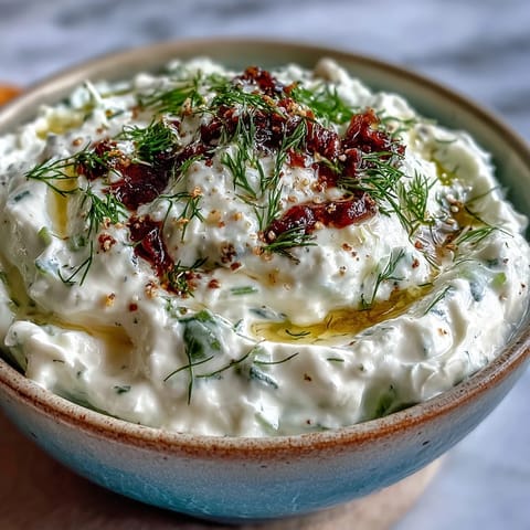 Creamy Greek Skyr Tzatziki with fresh dill, garlic, and lemon zest.