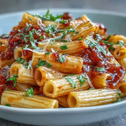 One-Pot Creamy Tomato Basil Pasta glistening with cheese and vibrant fresh basil garnish.