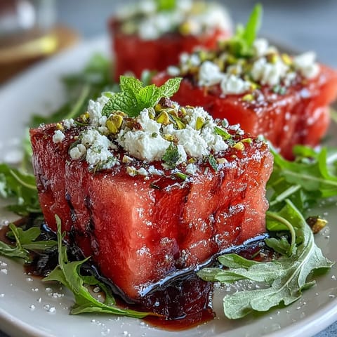 Colorful watermelon feta arugula salad garnished with balsamic glaze and fresh mint.