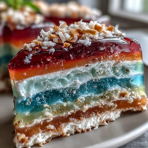 Vibrant agar-agar rainbow jelly cake glistening with creamy coconut topping.
