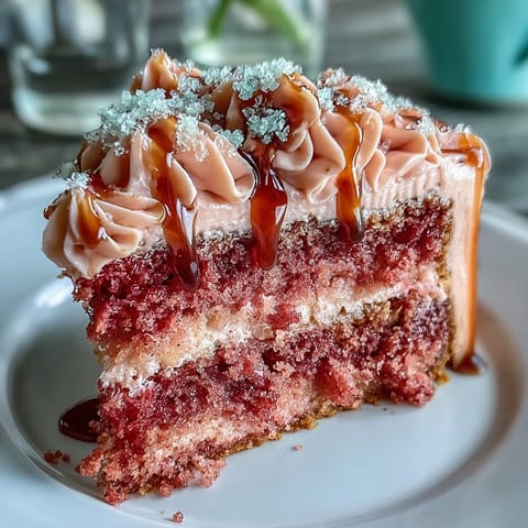 Show-stopping Rosé Velvet Cake with velvety frosting and decadent gold cascade.