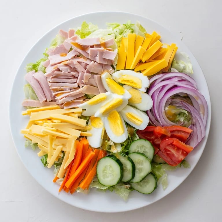 Plated Chef Salad drizzled with tangy vinaigrette, garnished with fresh parsley and chives for a vibrant dinner.