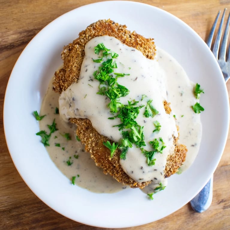 Sizzling, freshly fried Chicken Fried Steak drizzled with peppery white gravy and garnished with chopped parsley.