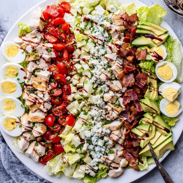 Close-up of a hearty Cobb Salad with diced tomatoes, blue cheese crumbles, ripe avocado slices, and golden egg yolks, plated on crunchy romaine and iceberg lettuce.