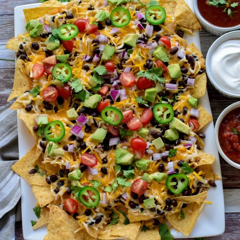 Golden, bubbly cheese coats hearty nachos topped with fresh jalapeños, black beans, and diced tomatoes.