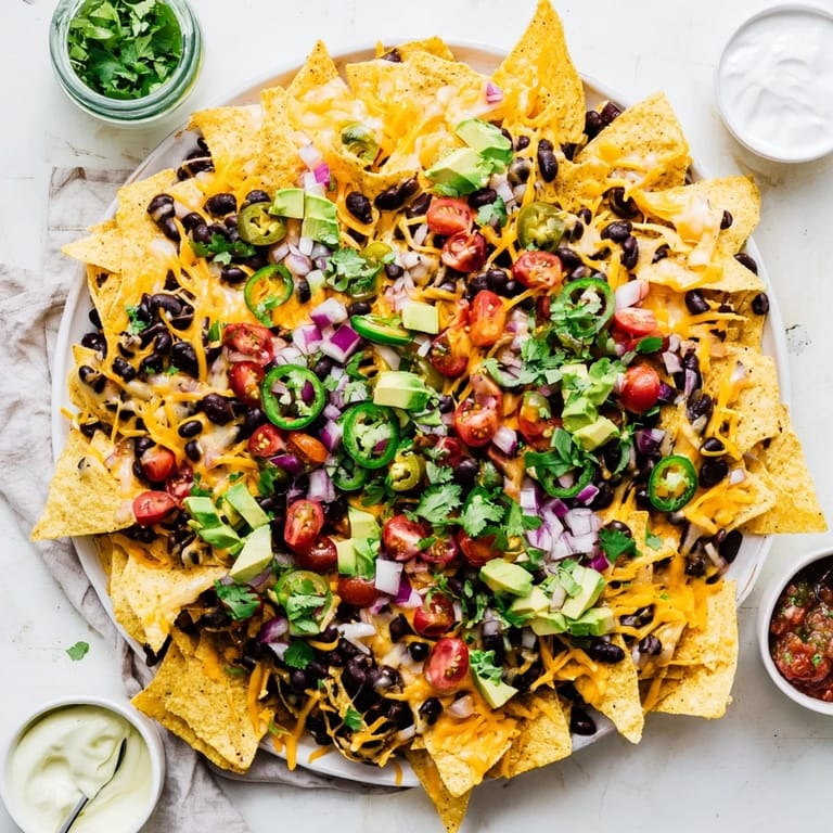 Party-ready nachos with optional seasoned ground beef, topped with avocado, onions, and cilantro.