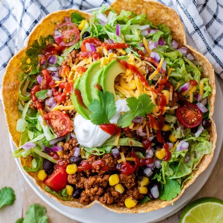 Fresh lettuce, avocado, and tomatoes top this Taco Salad, served with salsa and sour cream.