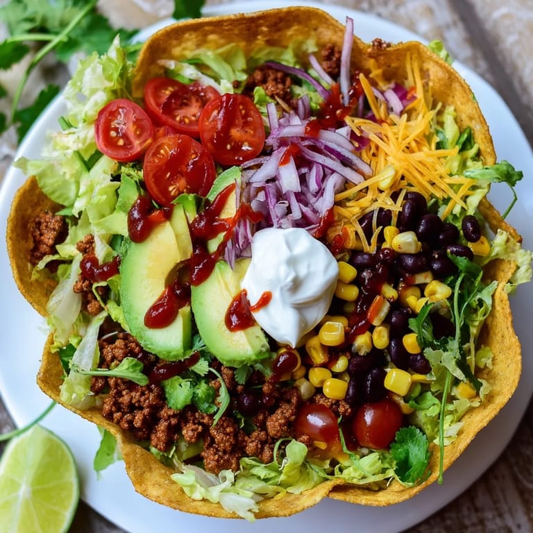 A close-up of a golden Taco Salad bowl, garnished with cilantro and lime wedges.