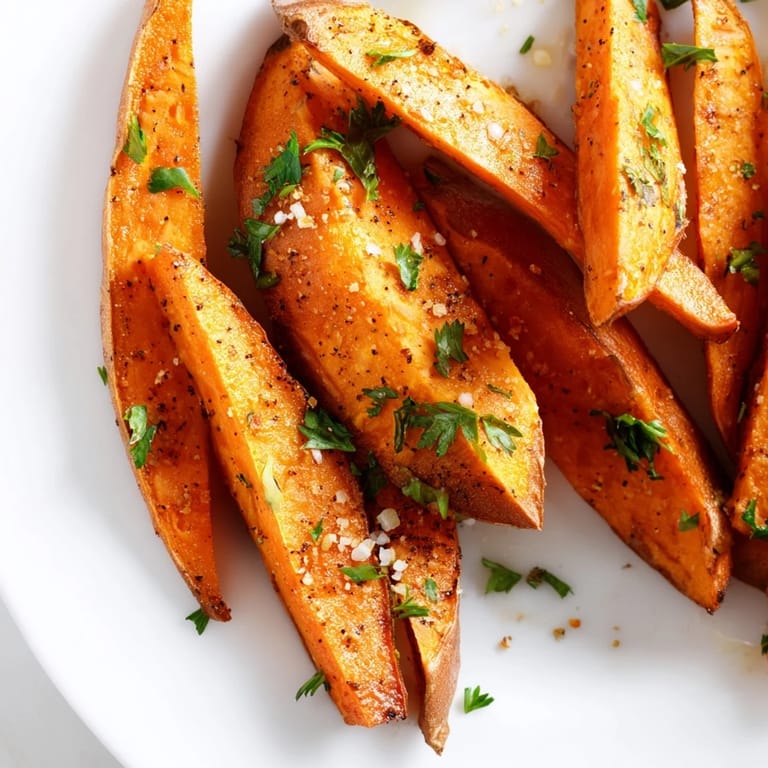 Freshly baked Sweet Potato Fries topped with chopped parsley, perfect for snacking alongside a juicy burger.