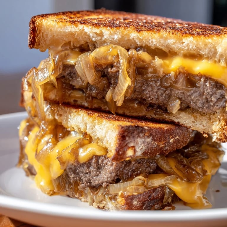 Grilled Patty Melt sliced in half, revealing layers of savory beef, melted cheese, and caramelized onions.