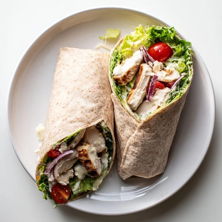 Tightly rolled Chicken Caesar Wrap cut diagonally, revealing layers of tender meat, fresh greens, and rich dressing inside. 