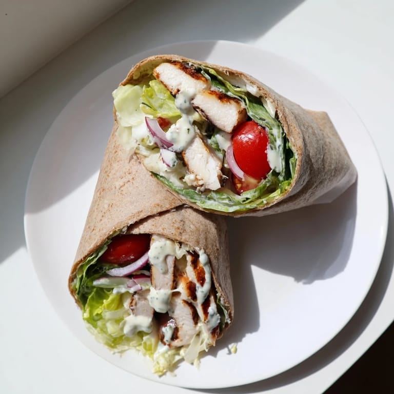 Freshly prepared Chicken Caesar Wrap on a rustic plate with halved cherry tomatoes and red onion slices, ready to eat.