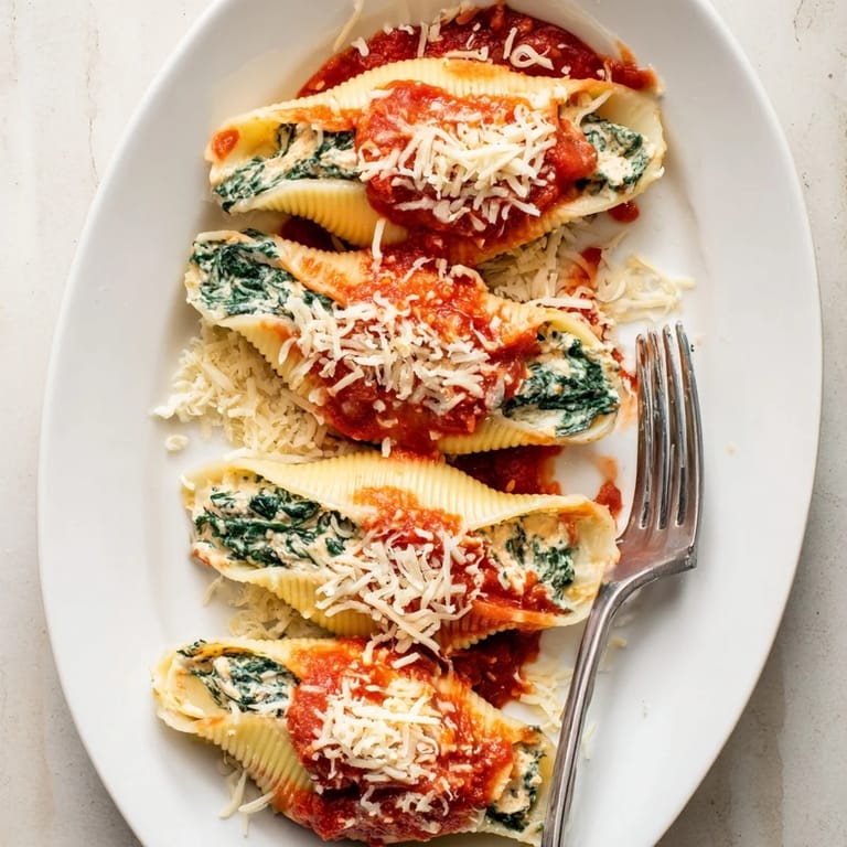 Bubbling baked Stuffed Shells topped with melted mozzarella, fresh parsley, and a sprinkle of red pepper flakes for heat.