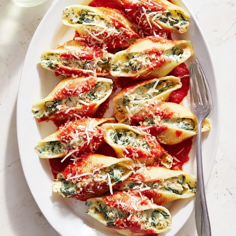 Jumbo pasta shells generously filled with ricotta and spinach, nestled in rich tomato sauce and served alongside garlic bread.
