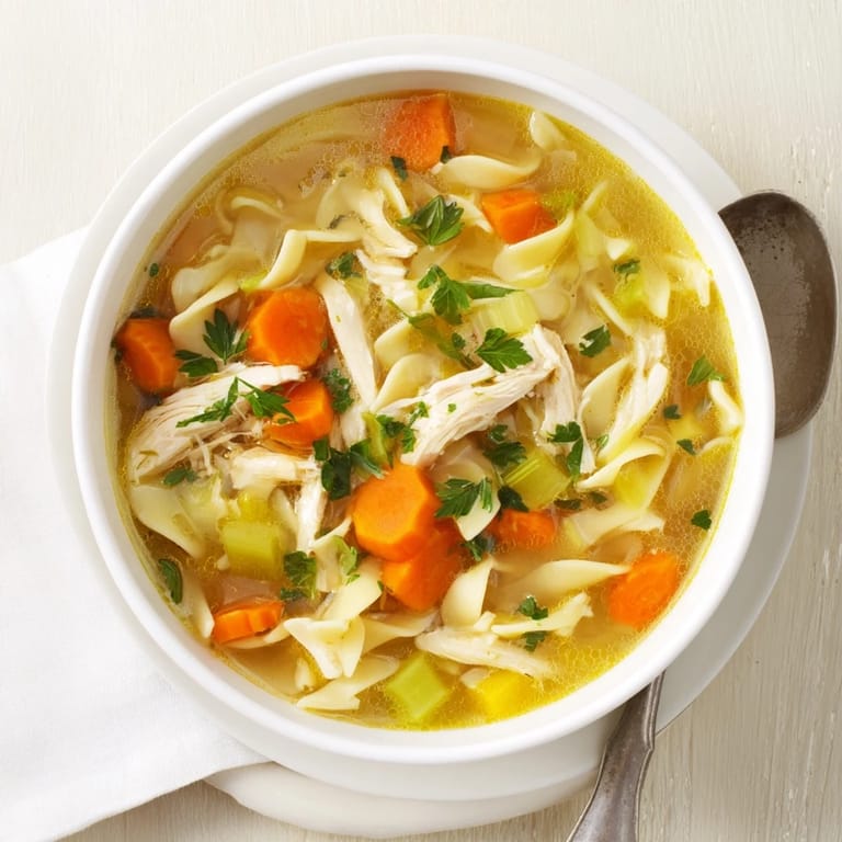 A close-up of Chicken Noodle Soup showing sliced carrots and celery in a clear golden broth, ready to be served.
