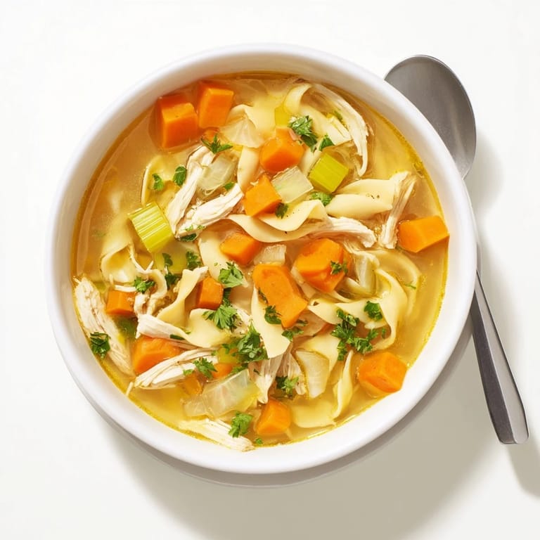 Comforting bowl of Chicken Noodle Soup paired with crusty bread, highlighting savory herbs and hearty noodles on a rustic table.