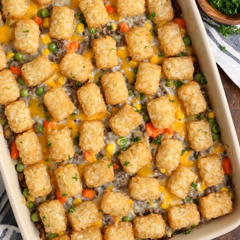 Close-up of cheesy, golden Tater Tot Casserole fresh from the oven, bubbling with creamy beef and veggies.