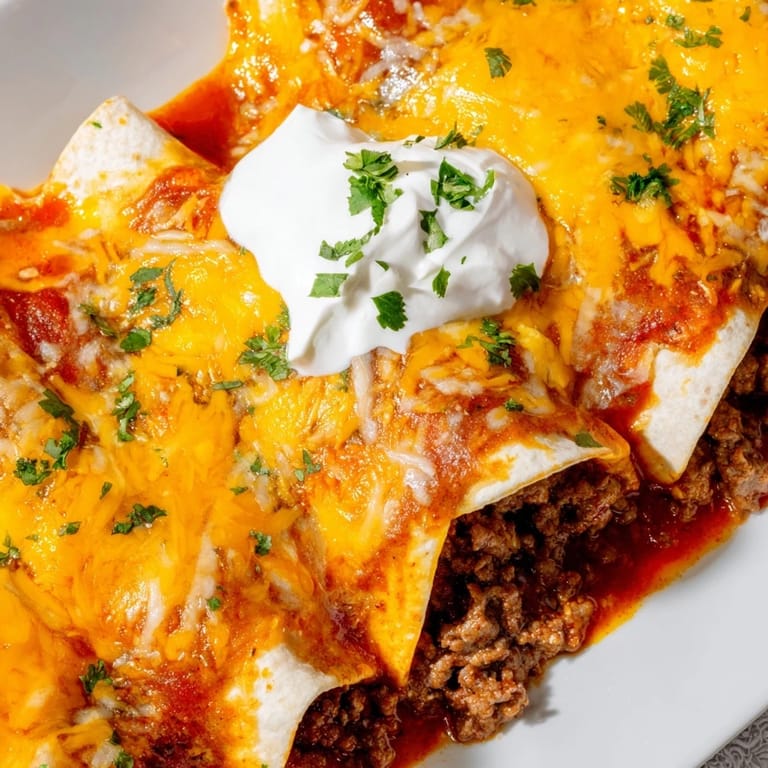 Freshly baked Beef Enchiladas with bubbling cheese, garnished with cilantro and served alongside a small bowl of sour cream on a rustic table.