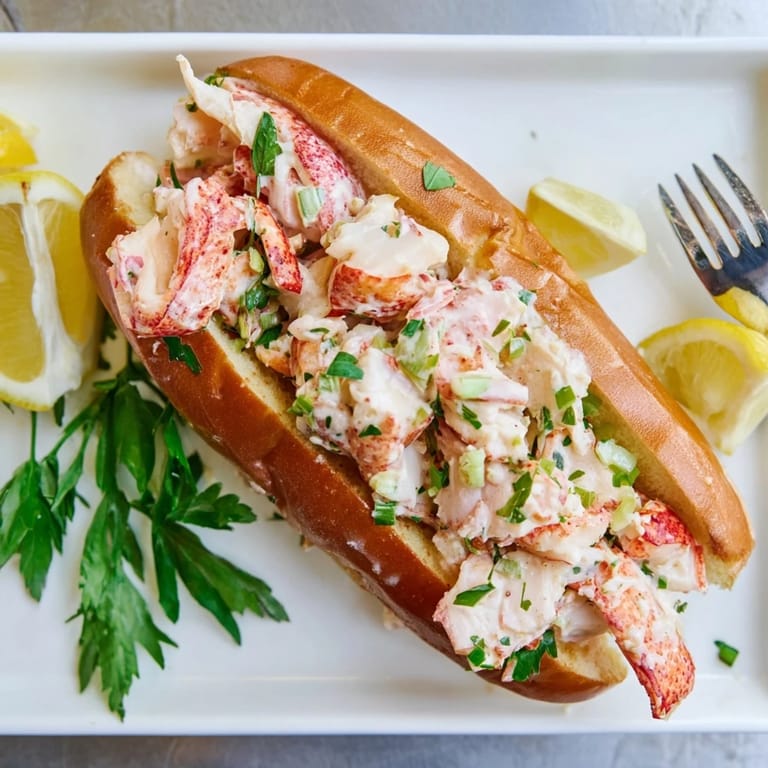 A toasted New England Lobster Roll served with lemon wedges and fresh parsley garnish.