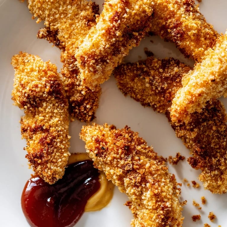 Golden brown Chicken Tenders arranged on a plate with steak fries and creamy dipping sauces.