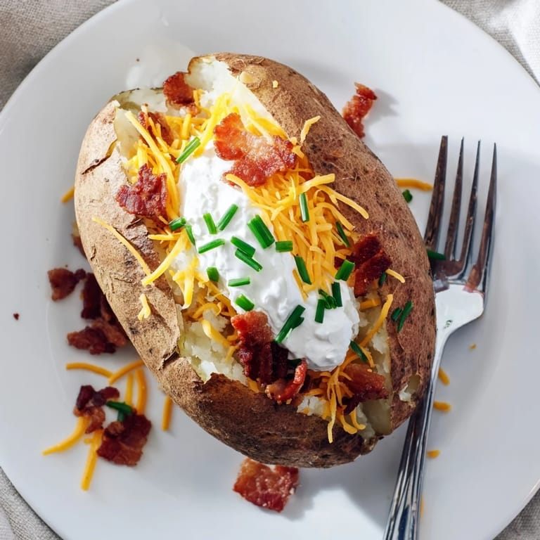 Hot loaded baked potato with fluffy interior, buttery melt, and steam rising from melty cheese and bacon toppings beside a salad.