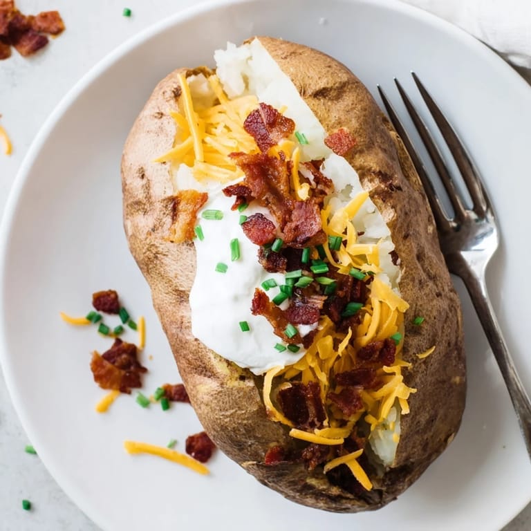 Serving suggestion for loaded baked potato with generous dollop of sour cream, sharp cheddar, smoky bacon, and chopped chives on a plate.