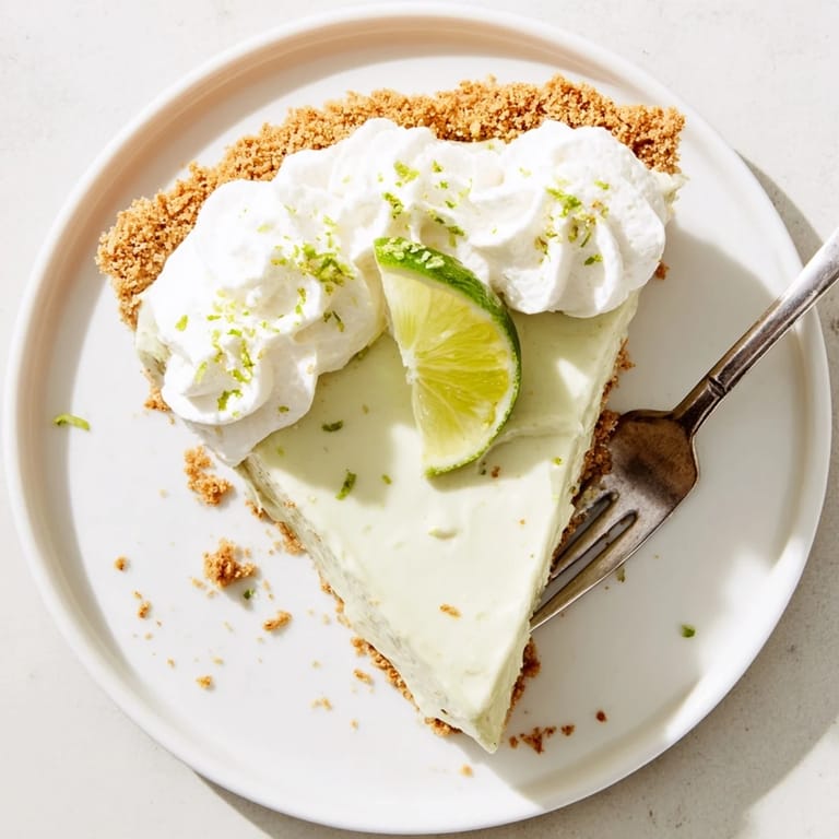 A chilled slice of Key Lime Pie topped with fluffy whipped cream and a sprinkle of lime zest.