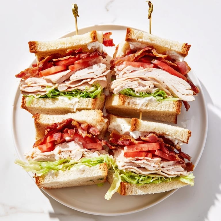 Served on a rustic wooden board, this hearty Turkey Club Sandwich pairs perfectly with dill pickles and potato chips.
